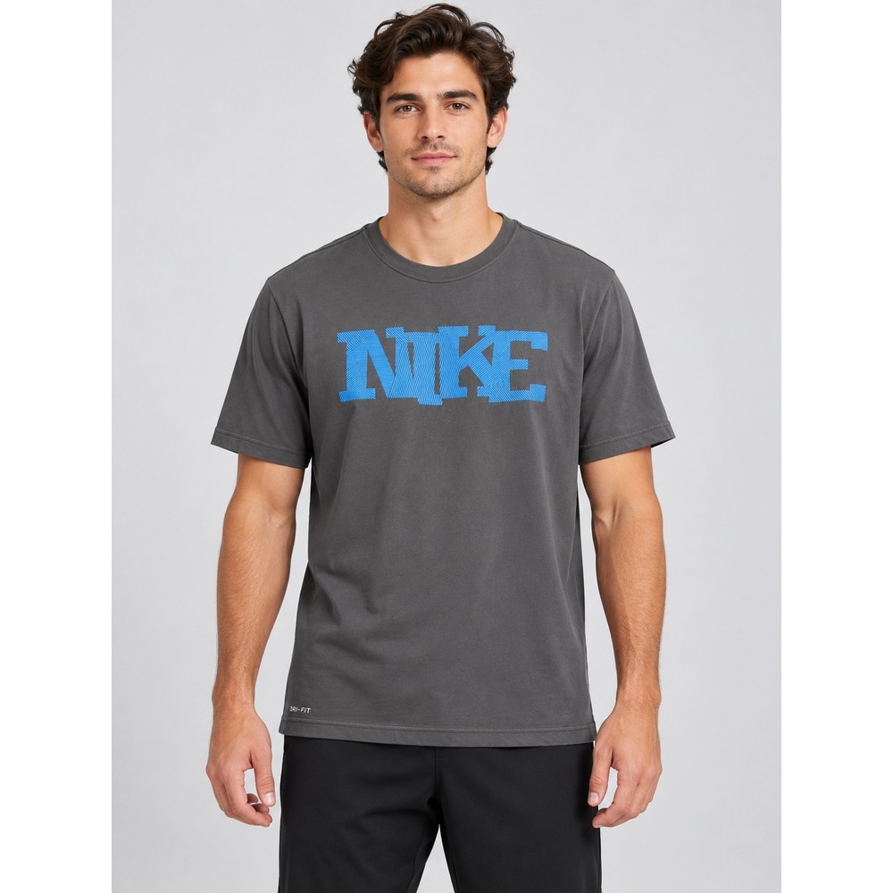 Nike Dri-FIT Mens Graphic T-Shirt Charcoal Gray Blue Logo Short Sleeve Large